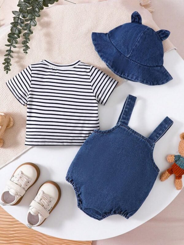 Camiseta Casual De Manga Corta A Rayas Y Pantalones Cortos Con Tirantes - Imagen 3