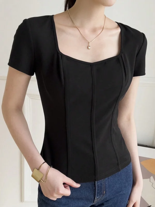 Camiseta de verano para mujer de manga corta con cuello de corazón - Imagen 2