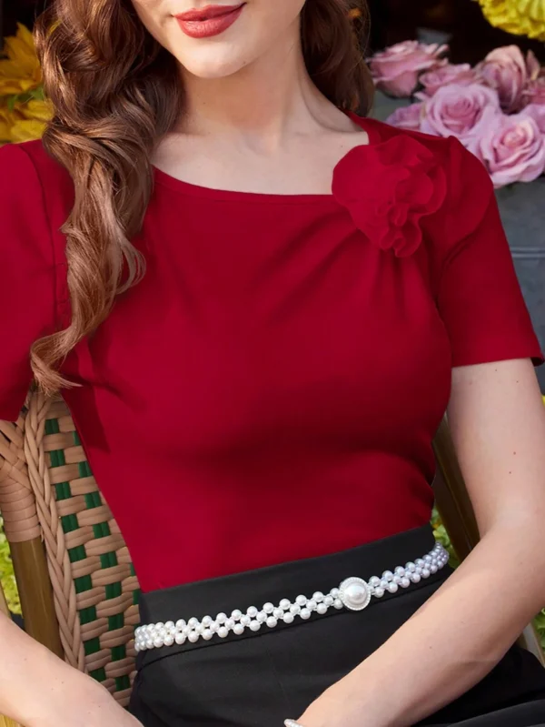 Blusa de punto vintage con bordado floral 3D para mujer