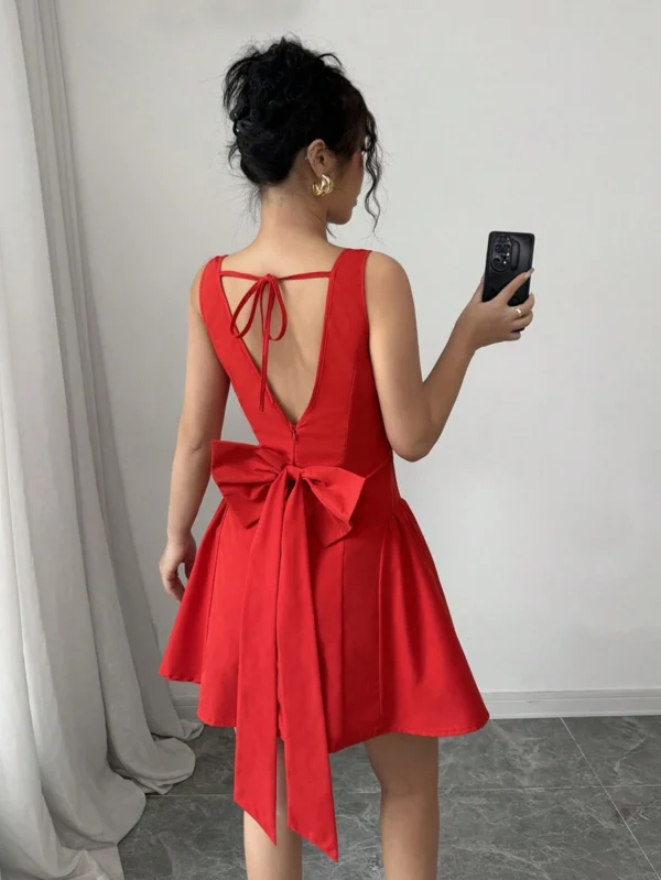 Vestido con decoración de lazo rojo para mujer - Imagen 2