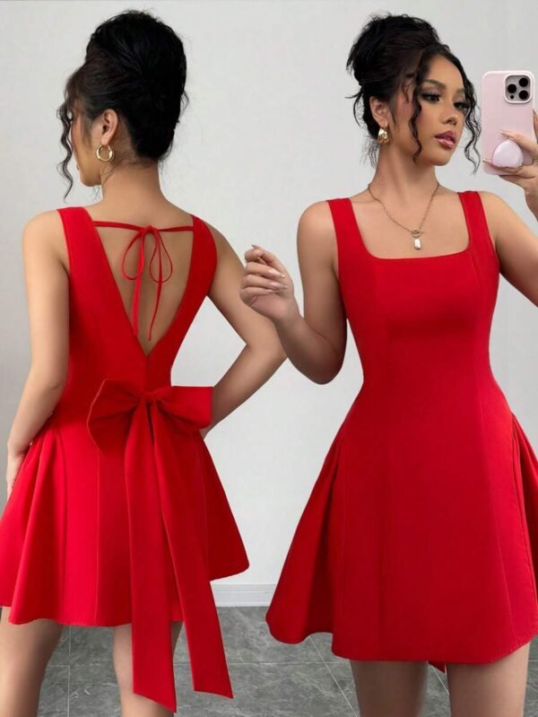 Vestido con decoración de lazo rojo para mujer - Imagen 3