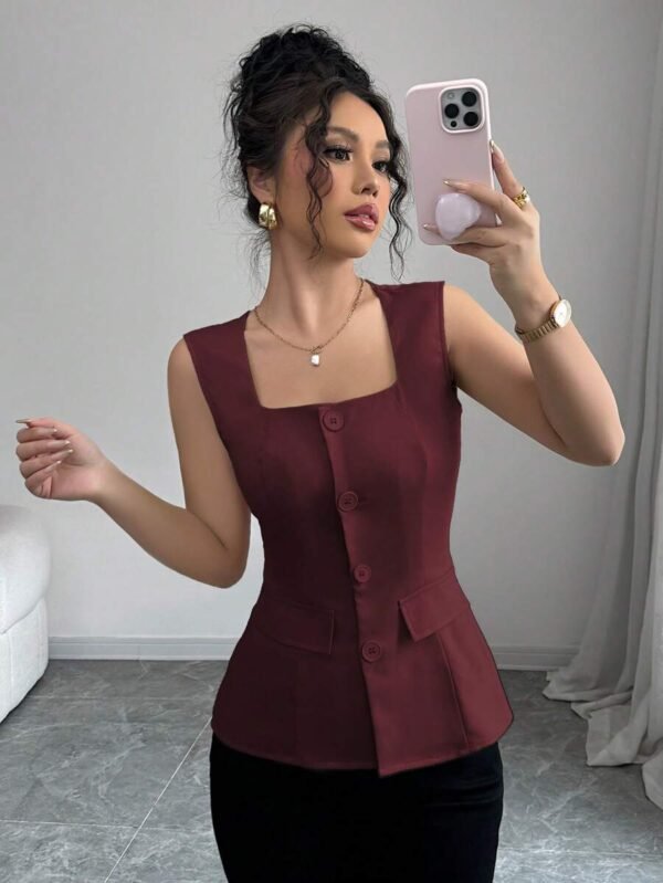 Blusa elegante de estilo francés sin mangas con cuello cuadrado
