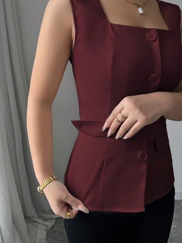 Blusa elegante de estilo francés sin mangas con cuello cuadrado - Imagen 2