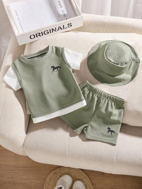 Camiseta y shorts con gorro de tela tipo gofre para niños bebés