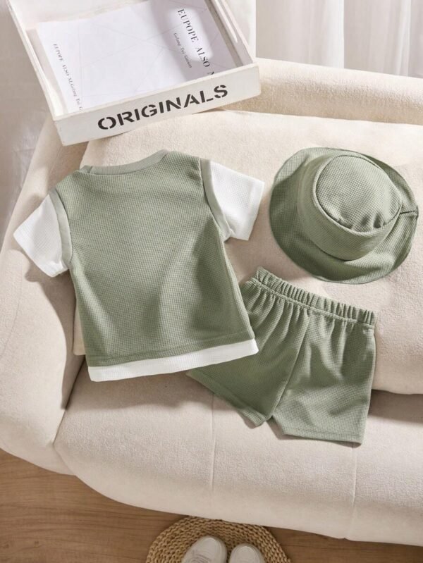 Camiseta y shorts con gorro de tela tipo gofre para niños bebés - Imagen 3