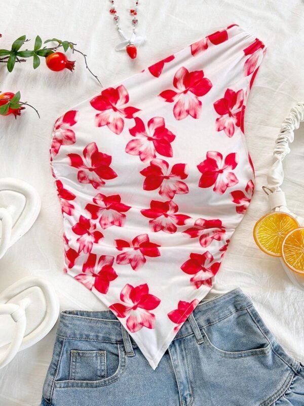 Top sin Hombros Fruncida con Estampado para Vacaciones