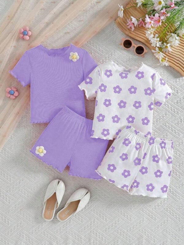 Top y shorts casuales con estampado de flores para niña