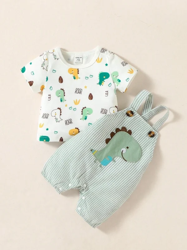Camiseta de rayas y overol con estampado de dinosaurio para niños