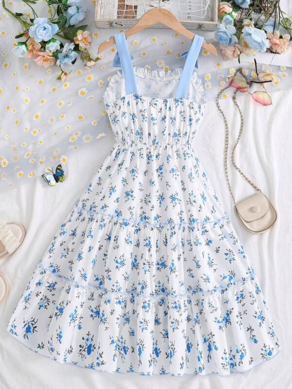 Vestido casual de tirantes con estampado floral diminuto para niñas - Imagen 3