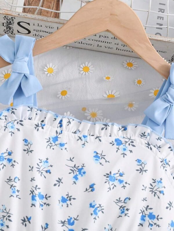 Vestido casual de tirantes con estampado floral diminuto para niñas - Imagen 2