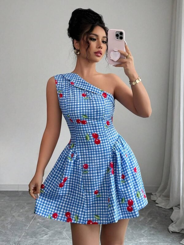 Vestido corto ajustado de mujer con estampado de cuadros y cerezas