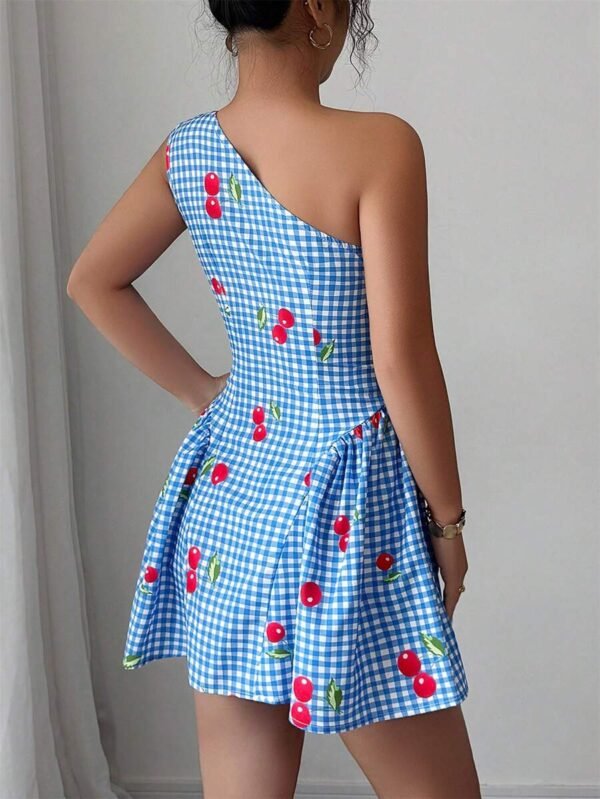 Vestido corto ajustado de mujer con estampado de cuadros y cerezas - Imagen 3