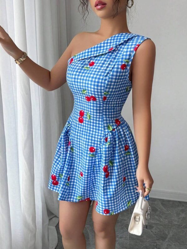 Vestido corto ajustado de mujer con estampado de cuadros y cerezas - Imagen 2