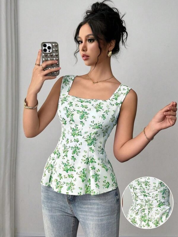 Blusa sin mangas con cuello de volantes y lazada