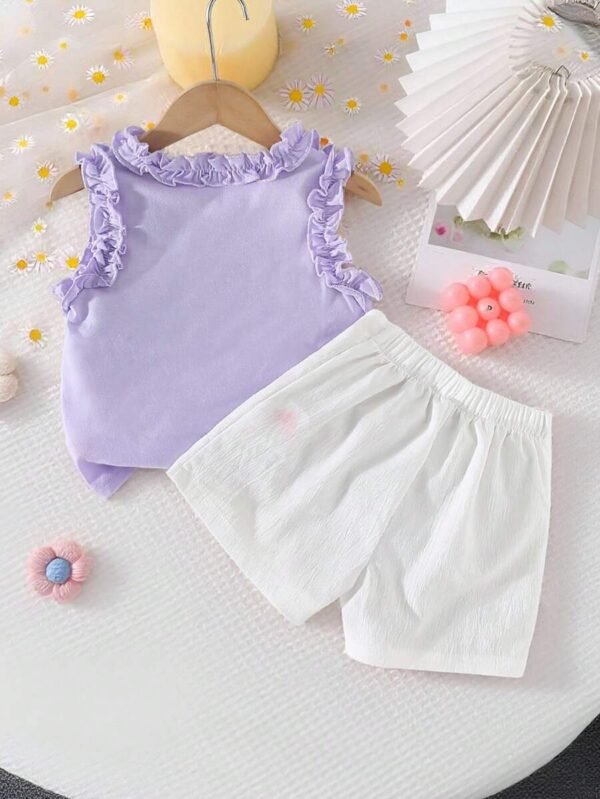 Top de punto con volantes en púrpura con pantalones cortos tejidos - Imagen 3