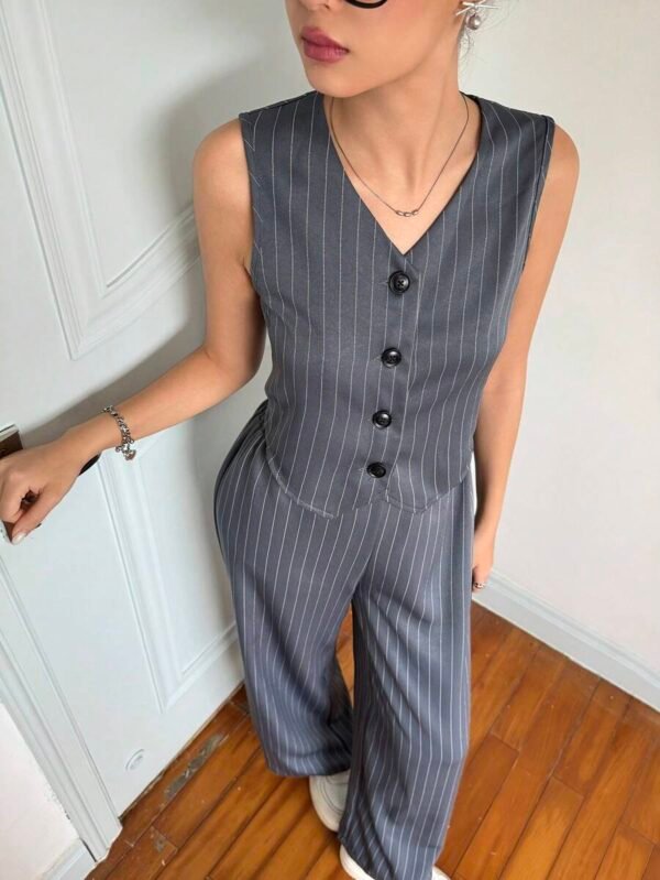 Conjunto de top sin mangas de cuello en V minimalista y cómodo con pantalones - Imagen 2