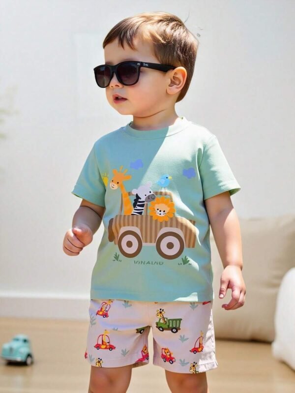 Camiseta y Pantalones Cortos Casuales con Estampado de Coches y Animales