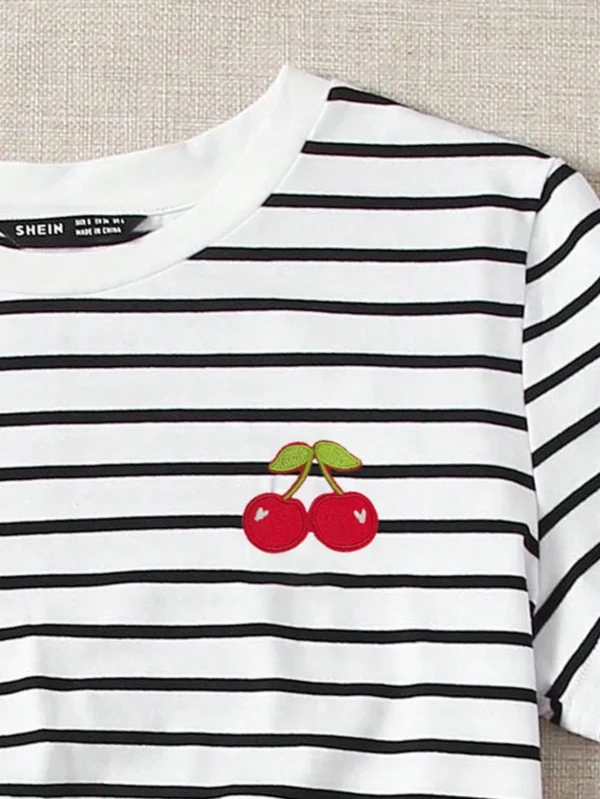 Camiseta de mujer de cuello redondo holgada con estampado de rayas - Imagen 2