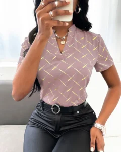 Blusa con cuello en pico y estampado de argyle dorado aleatorio