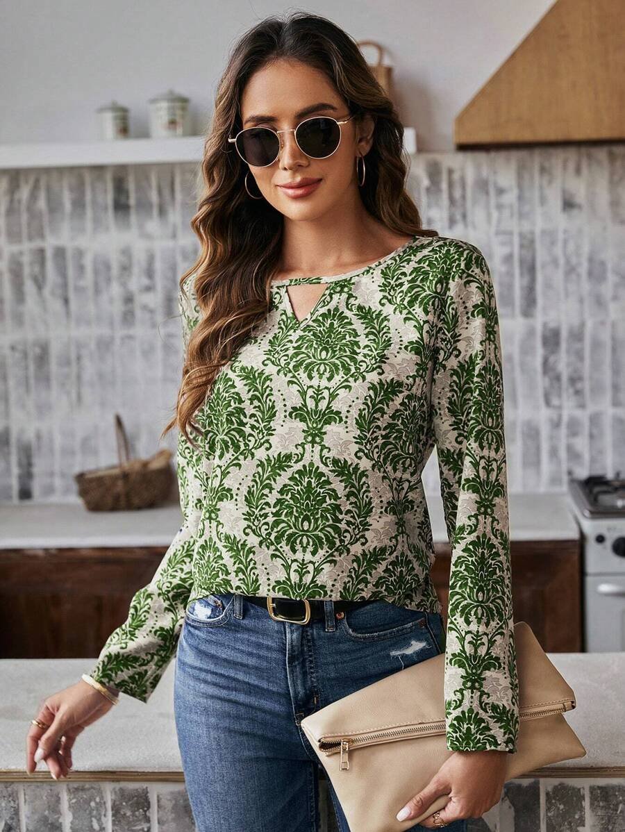 Blusa Con Cuello Calado Y Estampado Integral - Imagen 3