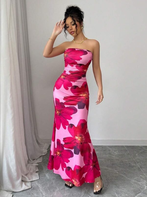 Vestido ajustado con estampado floral y bandeau para mujer - Imagen 2