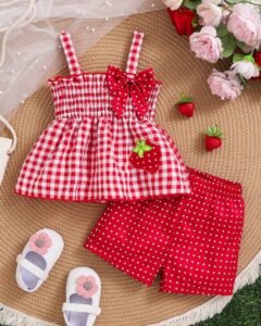 Blusa con bordado de fresa y pantalones cortos con lunares