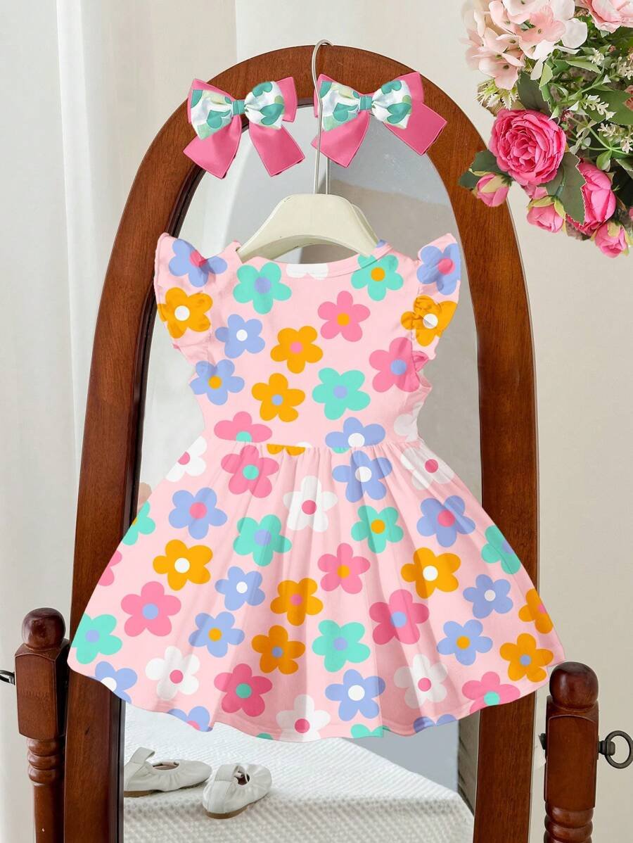 Vestido casual de niña pequeña con manga corta y estampado de lazo - Imagen 3
