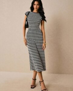 Vestido casual de mujer de cuello redondo con mangas cortas y rayas