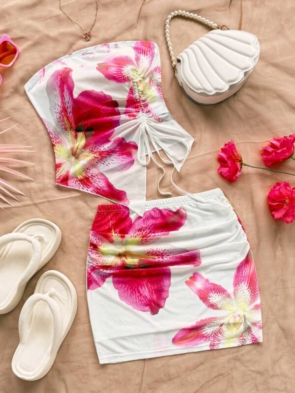 Top de malla tejida con estampado floral con falda corta ajustada