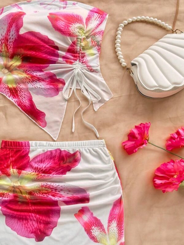 Top de malla tejida con estampado floral con falda corta ajustada - Imagen 2