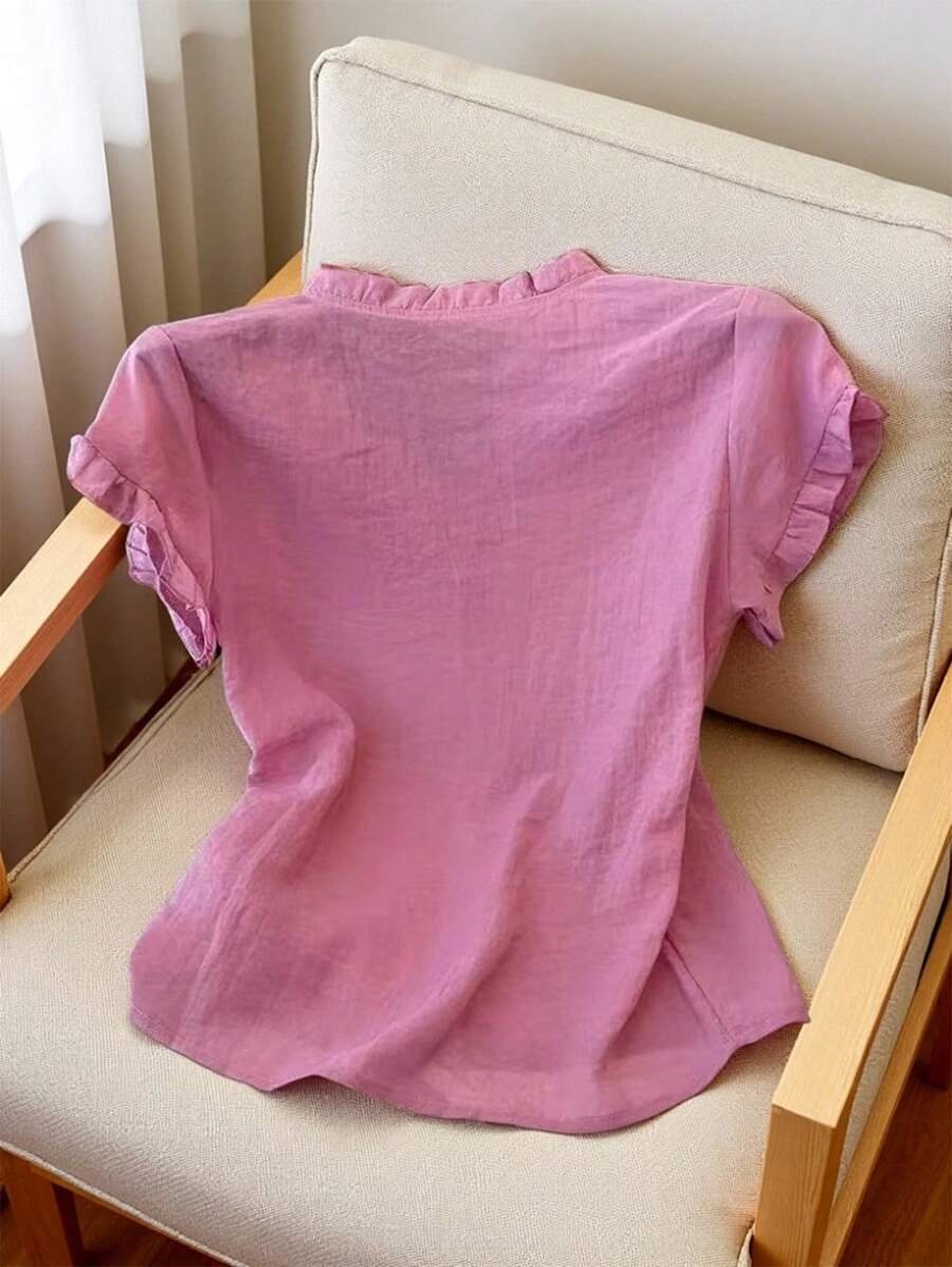 Blusa de mujer informal con cuello de volantes de color púrpura - Imagen 3