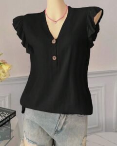 Blusa de mujer de cuello en V, holgada, de unicolor