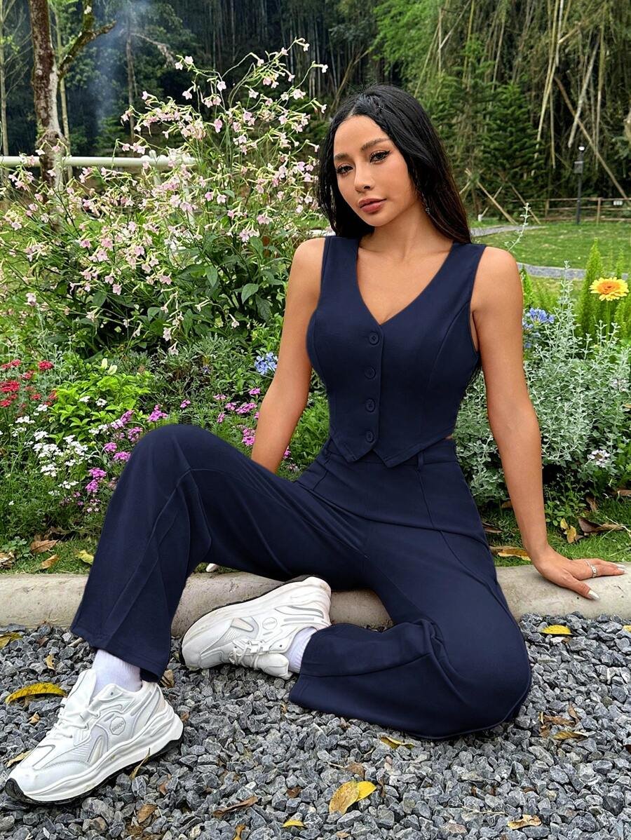 Camisola de tirantes de cuello en V y pantalones largos de unicolor - Imagen 2