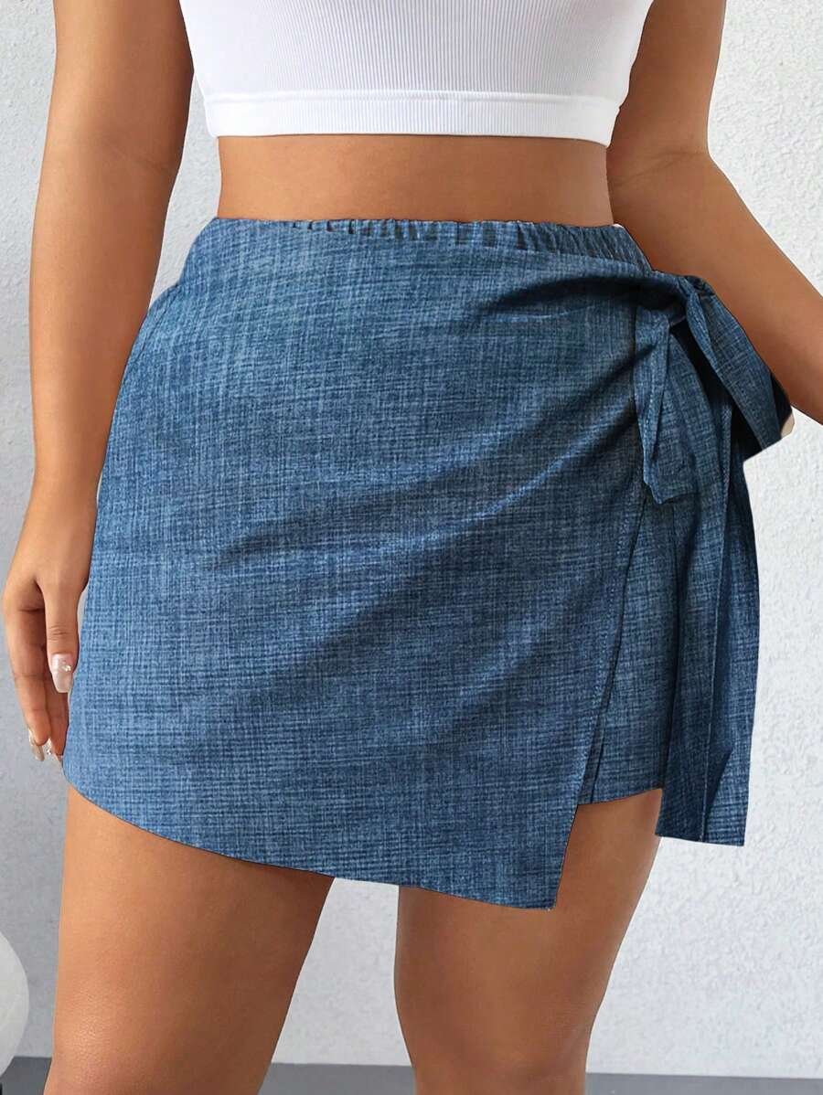 Falda pantalón informal de aspecto de mezclilla con doblez asimétrico - Imagen 2