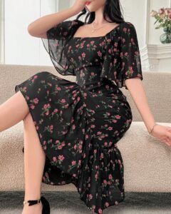 Vestido midi elegante de mujer con cuello de volante