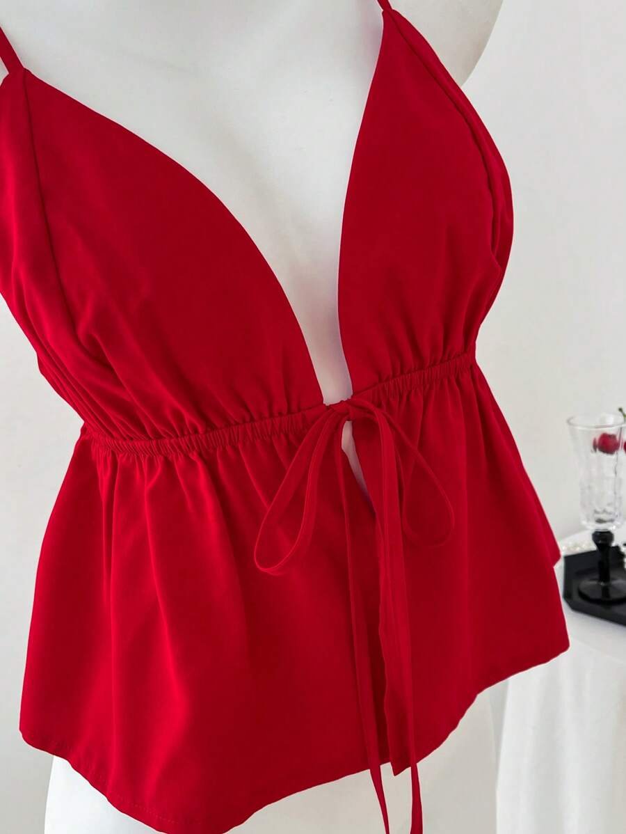 Top de tirantes de mujer en unicolor, escote de uve y con lazo - Imagen 2