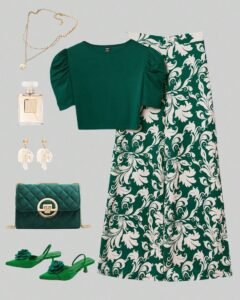 Conjunto de dos piezas color verde con estampado floral para mujer