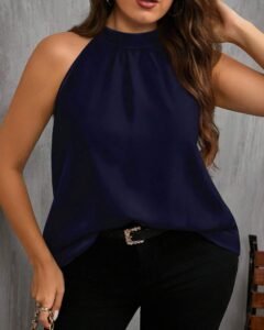 Blusa holgada minimalista de cuello halter azul marino