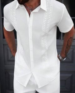 Camisa casual de hombre de verano, unicolor, con contraste de encaje