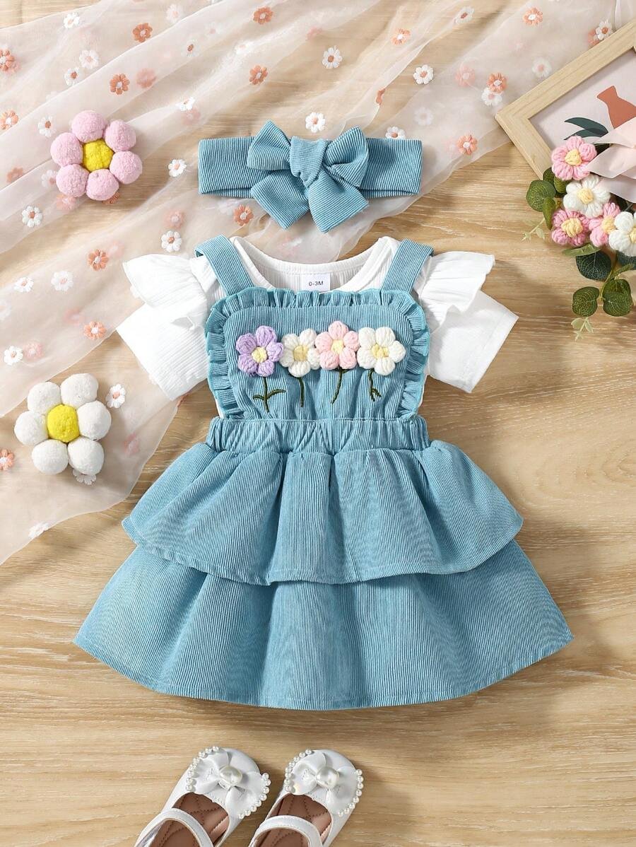 Body de manga corta y vestido de peto con bordado floral - Imagen 3