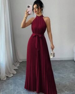 Vestido elegante y romántico para mujer con cuello con volantes rosas