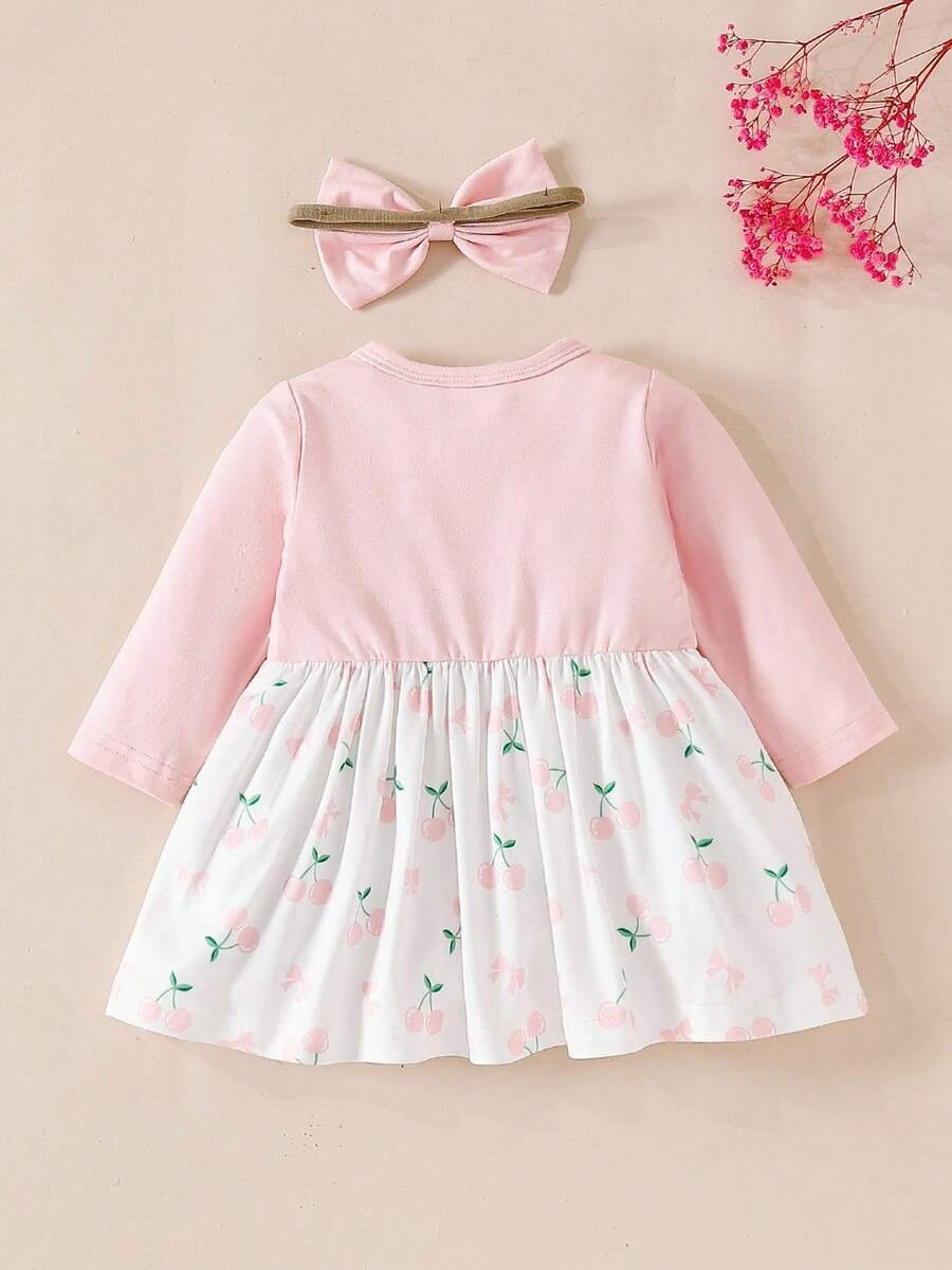 Vestido de manga larga con parches florales y moño - Imagen 3