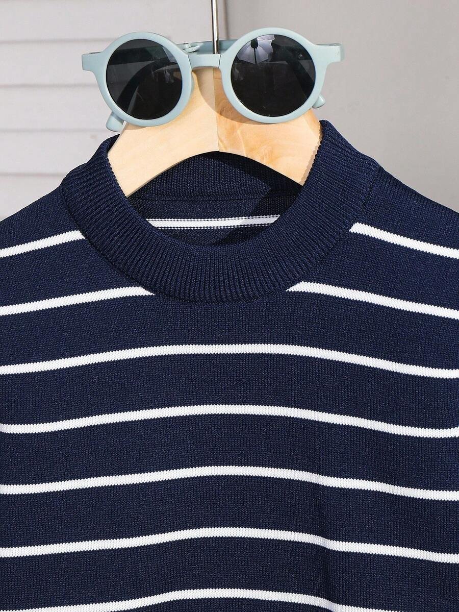 Suéter de cuello redondo cómodo, grueso y cálido con rayas - Imagen 2