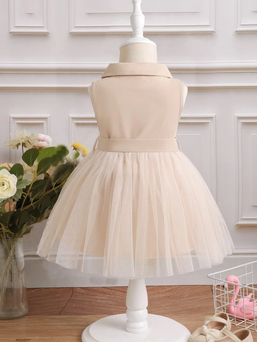 Vestido De Cinturón De Doble Botón Y Dobladillo De Malla - Imagen 3