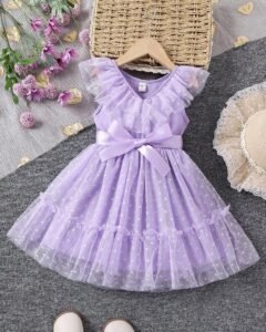 Vestido de malla de cuello en V con volantes y pliegues