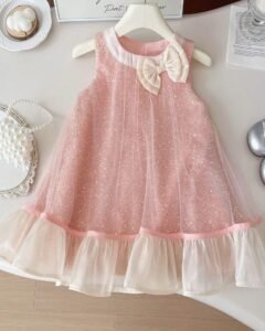 Vestido de princesa sin mangas con lazo y malla para niña