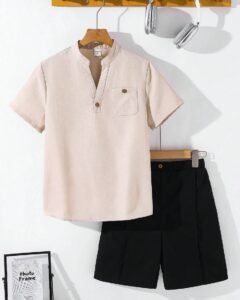 Conjunto informal de camisa de manga corta con cuello en V y pantalones cortos
