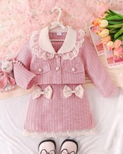 Chaqueta de manga larga con cuello Peter Pan y falda con moño para niñas