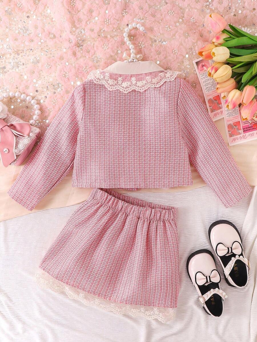 Chaqueta de manga larga con cuello Peter Pan y falda con moño para niñas - Imagen 3