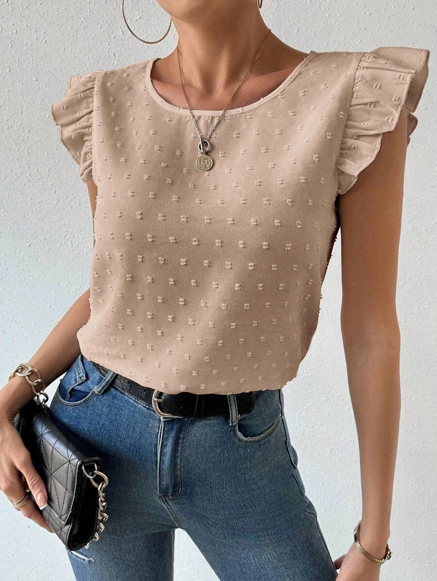 Blusa casual unicolor con cuello redondo y manga corta - Imagen 2